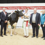 Class. 16 Senior 3 yr old cow in milk born between 1st Jan & 31st Aug ‘20 - Richard Hamilton, IHFA President, Judge, Ashley Fleming, winner Hallow Diamondback Twizzle 3 exhibited by Philip Jones, Handler, Philip Jones, with Sponsor, Eamon Coleman and Mary Duggan (Eurogene AI Services) and Linda Jones