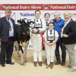 Highest EBI Holstein - Richard Hamilton IHFA President with winner Kildarby Perseus Blanche exhibited by Owen Cleary, Handler, Orla Cleary, with Aibhlin and Siomha Cleary, highest EBI Holstein award being presented by Ursula Forrest, Cork Holstein Friesian Breeders Club President