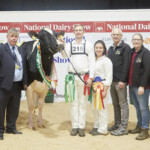 Irish Examiner Supreme Champion – Best Udder Award - Richard Hamilton IHFA President, Jason, Laura, Robert and Sylvia Helen with the 2023 Supreme Champion Cow EEDY DOORMAN FAME, with Michael O’Donovan, Southern Milling Sponsor of the AXA National Dairy Show Best Udder